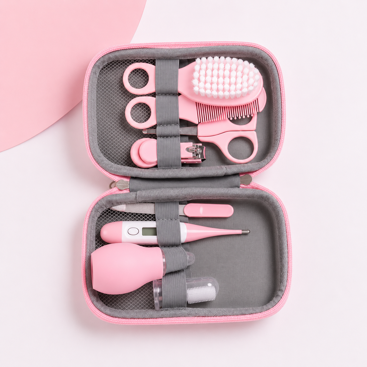 8 Pcs Baby Care Kit with a premium compact bag (hair brush, comb, nail cutter, nail filler, thermometer, dropper finger brush, scissors,