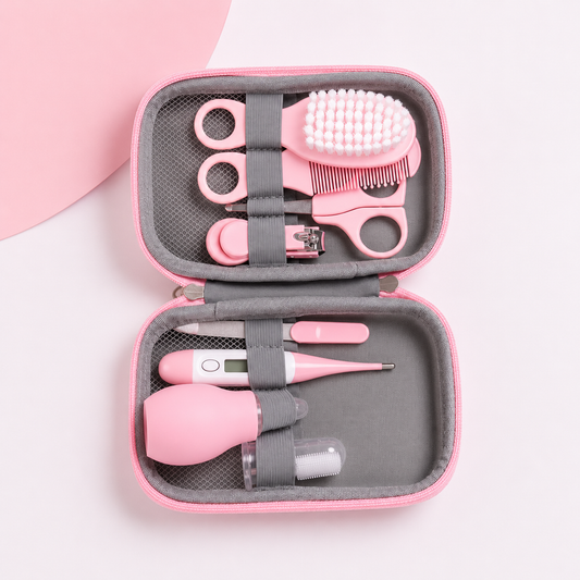 8 Pcs Baby Care Kit with a premium compact bag (hair brush, comb, nail cutter, nail filler, thermometer, dropper finger brush, scissors,