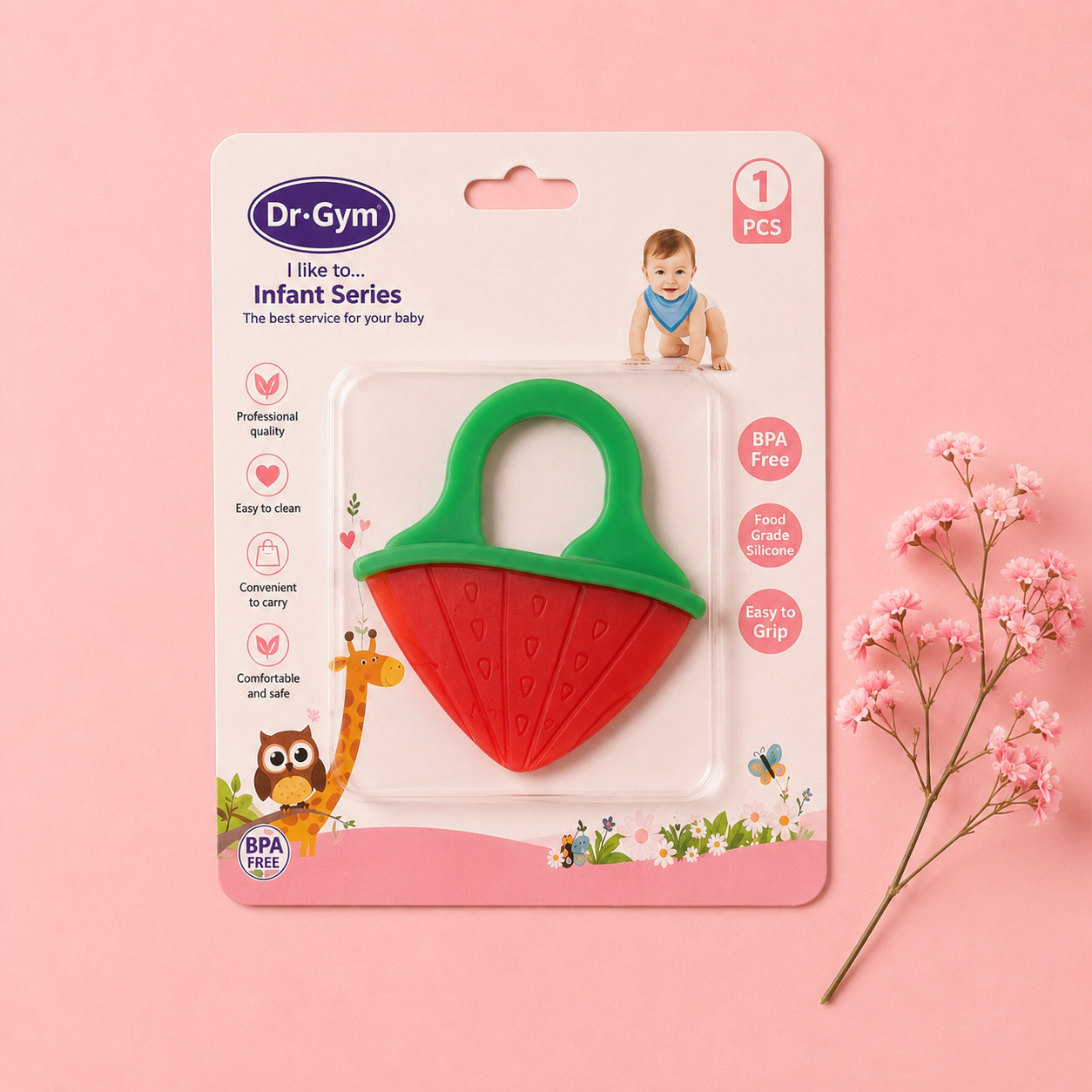 Dr. Gym Strawberry Silicone Baby Teething Toy – BPA-Free Infant Teether