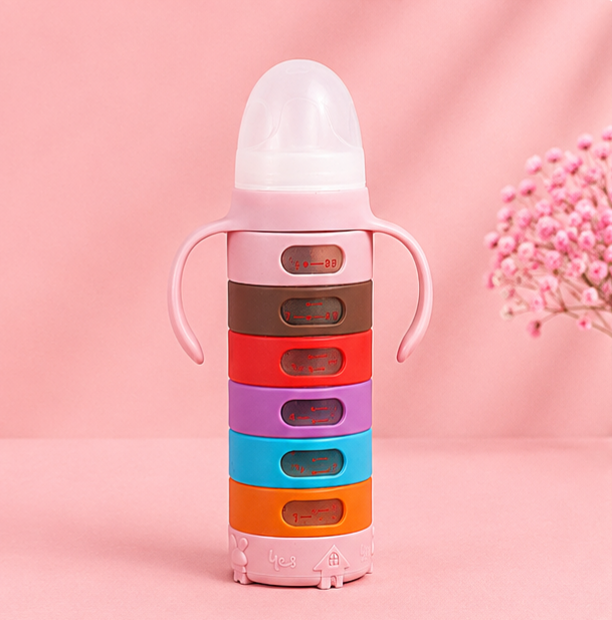 Yes® Glass Baby Feeding Bottle (240mL) with Rainbow Protective Silicone Sleeve & Easy-Grip Handles
