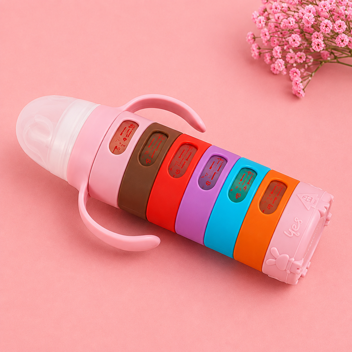 Yes® Glass Baby Feeding Bottle (240mL) with Rainbow Protective Silicone Sleeve & Easy-Grip Handles