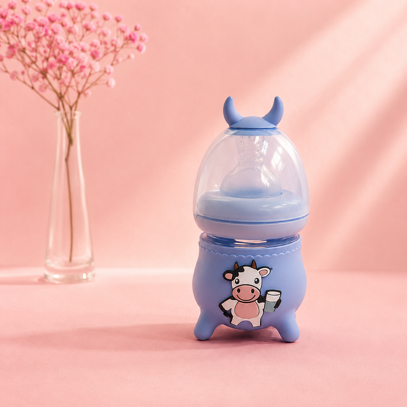 RIO Wide Caliber Glass Baby Bottle (120mL) | Cute Cow Sleeve & Anti-Colic Nipple