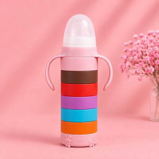 Yes® Glass Baby Feeding Bottle (240mL) with Rainbow Protective Silicone Sleeve & Easy-Grip Handles