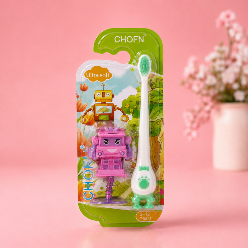 CHOFN Children's Soft Silicone Toothbrush with Mini Robot Character Toy