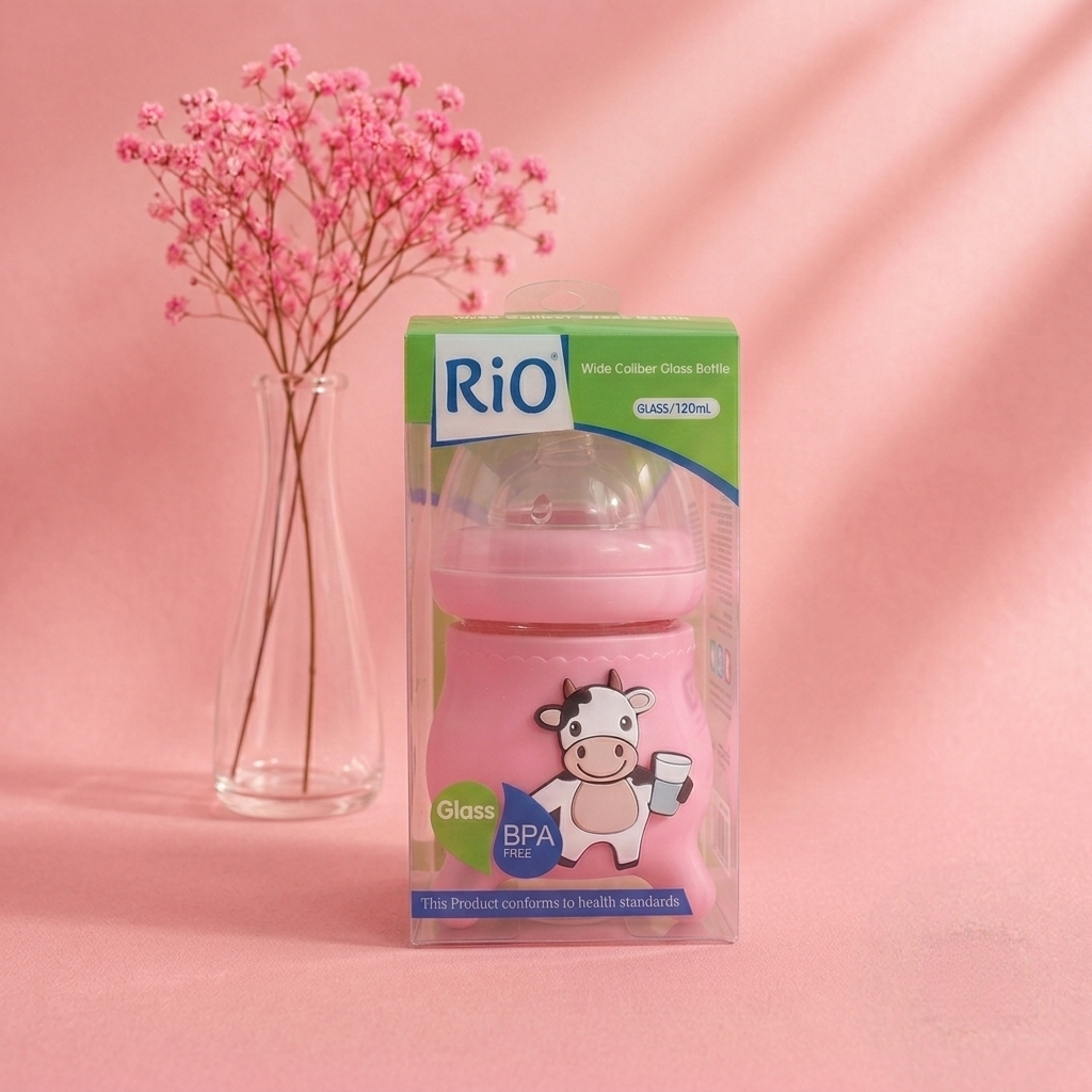 RIO Wide Caliber Glass Baby Bottle (120mL) | Cute Cow Sleeve & Anti-Colic Nipple