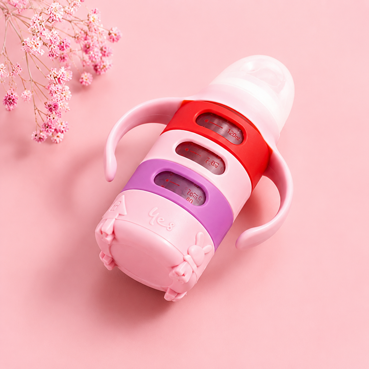 Yes® Glass Baby Feeding Bottle (120mL) with Rainbow Protective Silicone Sleeve & Easy-Grip Handles