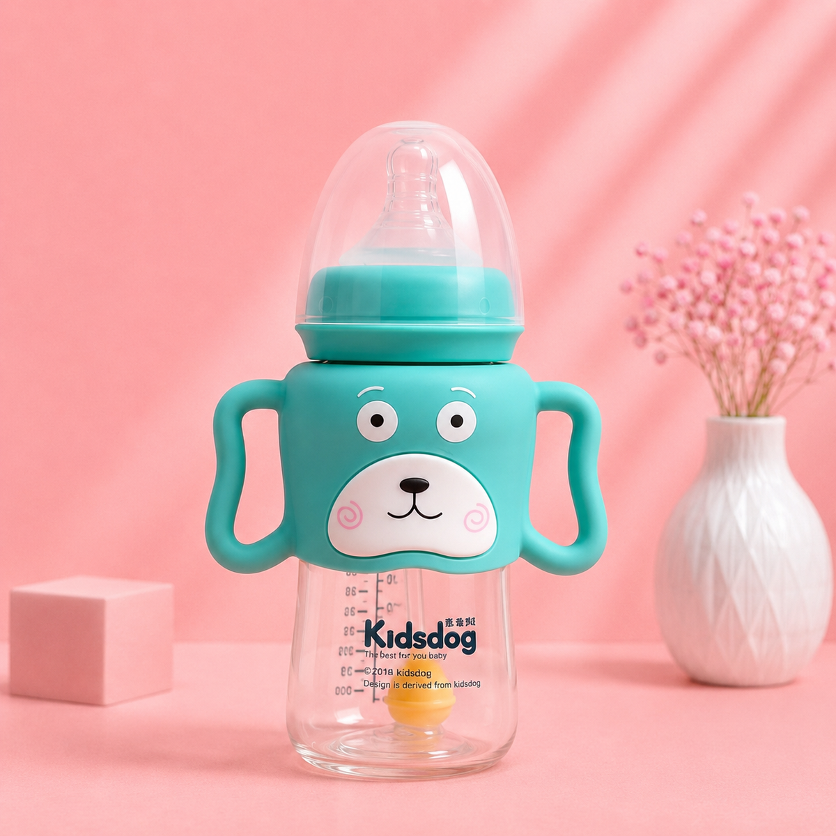 Kidsdog Cute Dog Silicone Sleeve Glass Baby Bottle (240mL)